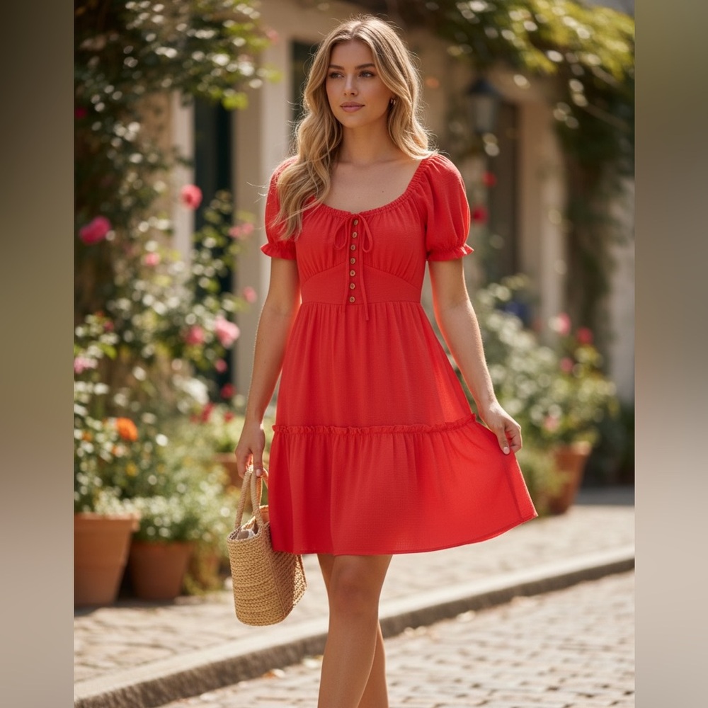 HYFVE Red Ruched Tiered Short Sleeve Mini Dress